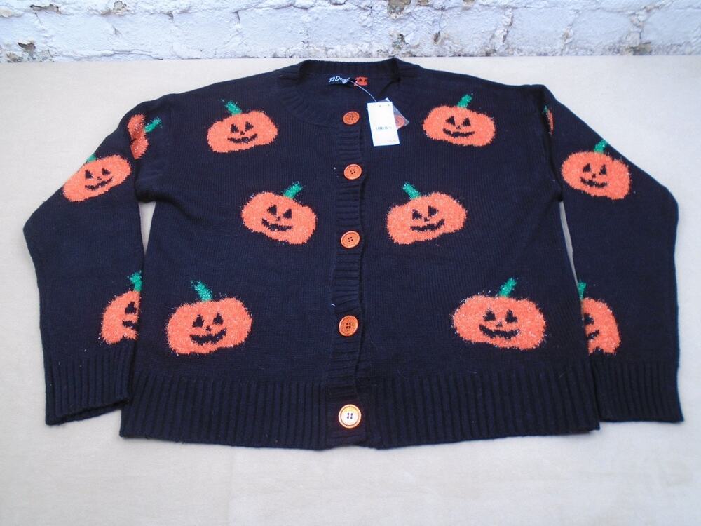 NEW Womens 33 Dreegres Halloween Pumpkins Jack-O-Lantern Sweater Black Large NWT